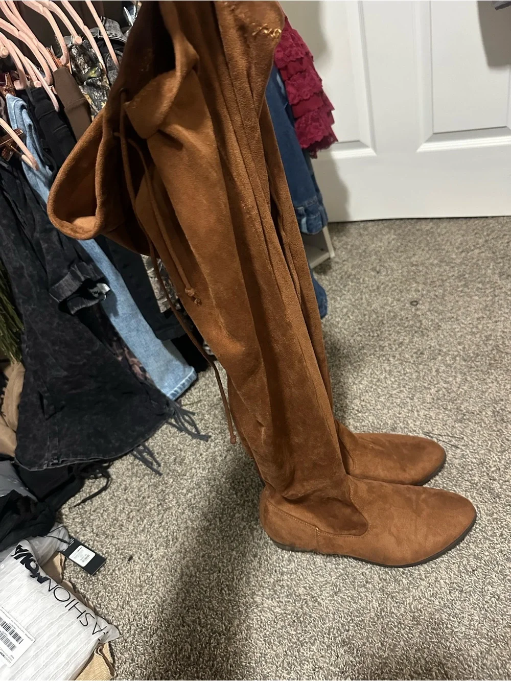 JustFab Women's wide calf Over-the-Knee Suede Boots in Cognac Brown